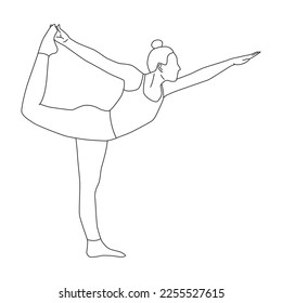 Line art of woman doing yoga in dance pose.