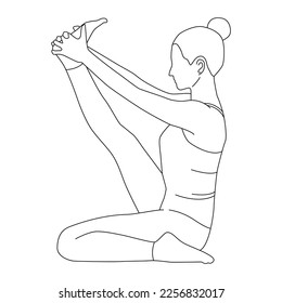 Line art of woman doing yoga in heron pose vector illustration.