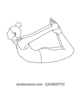 Arte de línea de mujer haciendo Yoga en Bow pose vector.