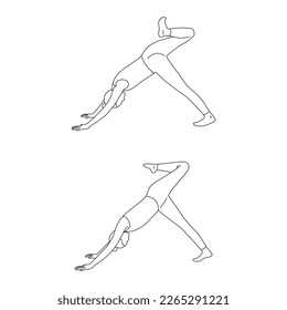 Line art of woman doing Yoga in Three legged downward facing dog Scorpion kick pose vector.