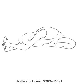 Arte de línea de mujer haciendo Yoga en un solo vector de estiramiento de piernas.