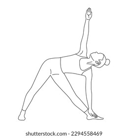 Line art of woman doing yoga in triangle pose vector.