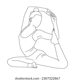Line art of woman doing yoga in mermaid pose vector.