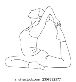 Line art of woman doing yoga in mermaid pose vector.