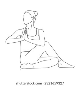 Line art of woman doing yoga in seated spinal twist pose vector.