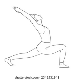 Line art of woman doing Yoga in crescent lunge pose vector