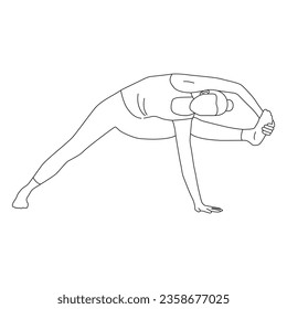 Line art of woman doing yoga in flying warrior pose vector.