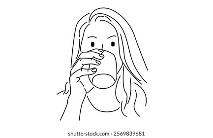 line art of woman drinking a cup of hot drink