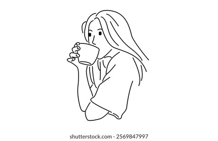 line art of woman drinking a cup of hot drink