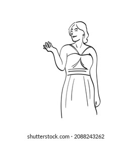 line art woman in evening dress presenting something in blank space illustration vector hand drawn isolated on white background