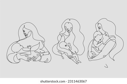 Line art woman face with baby. Minimalist  Abstract Female A woman holds her baby. Continuous one-line drawing with color spots, and flowers. Vector draw illustration. Happy Mother's day card. 