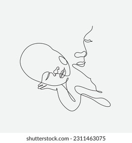 Line art woman face with baby. Minimalist  Abstract Female A woman holds her baby. Continuous one-line drawing with color spots, and flowers. Vector draw illustration. Happy Mother's day card. 