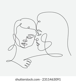 Line art woman face with baby. Minimalist  Abstract Female A woman holds her baby. Continuous one-line drawing with color spots, and flowers. Vector draw illustration. Happy Mother's day card. 