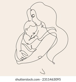 Line art woman face with baby. Minimalist  Abstract Female A woman holds her baby. Continuous one-line drawing with color spots, and flowers. Vector draw illustration. Happy Mother's day card. 