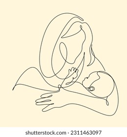 Line art woman face with baby. Minimalist  Abstract Female A woman holds her baby. Continuous one-line drawing with color spots, and flowers. Vector draw illustration. Happy Mother's day card. 