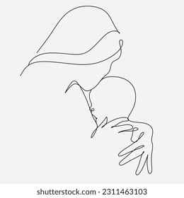 Line art woman face with baby. Minimalist  Abstract Female A woman holds her baby. Continuous one-line drawing with color spots, and flowers. Vector draw illustration. Happy Mother's day card. 