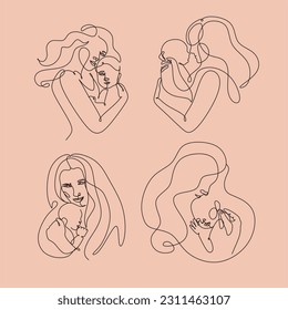 Line art woman face with baby. Minimalist  Abstract Female A woman holds her baby. Continuous one-line drawing with color spots, and flowers. Vector draw illustration. Happy Mother's day card. 