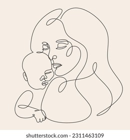 Line art woman face with baby. Minimalist  Abstract Female A woman holds her baby. Continuous one-line drawing with color spots, and flowers. Vector draw illustration. Happy Mother's day card. 