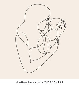 Line art woman face with baby. Minimalist  Abstract Female A woman holds her baby. Continuous one-line drawing with color spots, and flowers. Vector draw illustration. Happy Mother's day card. 