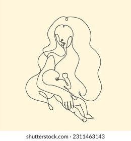 Line art woman face with baby. Minimalist  Abstract Female A woman holds her baby. Continuous one-line drawing with color spots, and flowers. Vector draw illustration. Happy Mother's day card. 