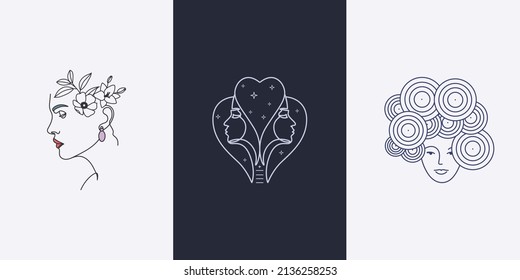 Line Art Woman Face Beauty Logo Design Set