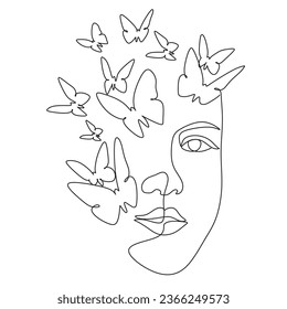 Line Art Woman Face with butterflies
Continuous One Line Drawing.