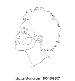 Line Art Woman Face Drawing. Black Woman Vector. Afro American Female Logo. Contouring Line. Minimalist Face. Beauty Salon