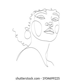 Line Art Woman Face Drawing. Black Woman Vector. Afro American Female Logo. Contouring Line. Minimalist Face. Beauty Salon