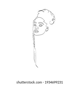 Line Art Woman Face Drawing. Black Woman Vector. Afro American Female Logo. Contouring Line. Minimalist Face. Beauty salon
