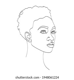 Line Art Woman Face Drawing. Black Woman Vector. Afro American Female Logo. Contouring Line. Minimalist Face. Beauty salon