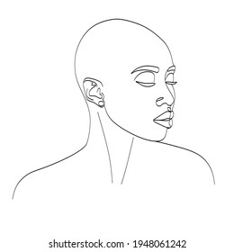 Line Art Woman Face Drawing. Black Woman Vector. Afro American Female Logo. Contouring Line. Minimalist Face. Beauty salon