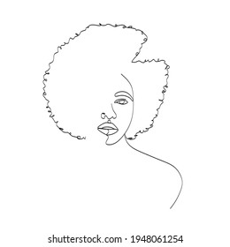 Line Art Woman Face Drawing. Black Woman Vector. Afro American Female Logo. Contouring Line. Minimalist Face. Beauty salon