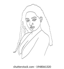 Line Art Woman Face Drawing. Black Woman Vector. Afro American Female Logo. Contouring Line. Minimalist Face. Beauty salon