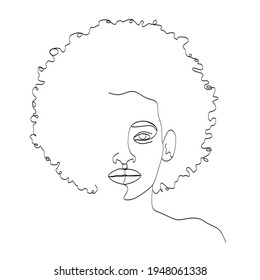 Line Art Woman Face Drawing. Black Woman Vector. Afro American Female Logo. Contouring Line. Minimalist Face. Beauty salon