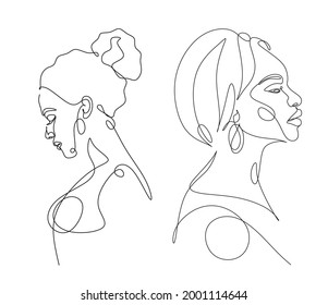 Line Art Woman Face Drawing. Black Woman Vector. Afro American Female Logo. Contouring Line. Minimalist Ethnic Face. Beauty salon logo