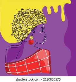 Line Art Woman face drawing on a purple-yellow background in an abstract style.African american women logo, modern poster,wall art.contour line.Minimalistic face,beauty and fashion vector illustration