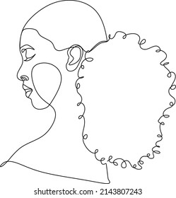 Line Art Woman Face Drawing. Black Woman Vector. Afro American Female Logo. Contouring Line. Minimalist Face. Beauty salon