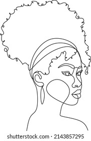 Line Art Woman Face Drawing. Black Woman Vector. Afro American Female Logo. Contouring Line. Minimalist Face. Beauty salon