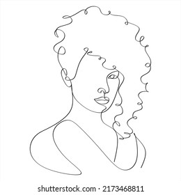 Line Art Woman Face Drawing. Black Woman Vector. Afro American Female Logo. Contouring Line. Minimalist Face. Beauty salon