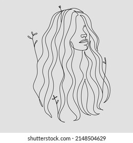 Line Art Woman Face with Flowers Continuous One Line Drawing. Female Art Print Line Drawing. Woman Face Modern Print. Minimalist Female Contour Art Design. Salon Logo. Natural Cosmetics symbol