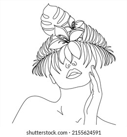 Line Art Woman Face with Flowers Continuous One Line Drawing. Female Art Print Line Drawing. Woman Face Modern Print. Minimalist Female Contour Art Design. Salon Logo. Natural Cosmetics symbol
