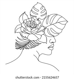 Line Art Woman Face with Flowers Continuous One Line Drawing. Female Art Print Line Drawing. Woman Face Modern Print. Minimalist Female Contour Art Design. Salon Logo. Natural Cosmetics symbol
