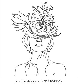 Line Art Woman Face with Flowers Continuous One Line Drawing. Female Art Print Line Drawing. Woman Face Modern Print. Minimalist Female Contour Art Design. Salon Logo. Natural Cosmetics symbol
