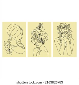 Line Art Woman Face with Flowers Continuous One Line Drawing. Female Art Print Line Drawing. Woman Face Modern Print. Minimalist Female Contour Art Design. Salon Logo. Natural Cosmetics symbol
