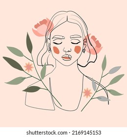 Line Art Woman Face with Flowers Continuous One Line Drawing. Female Art Print Line Drawing. Woman Face Modern Print. Abstract summer flower drawing and a woman in bed colors. Harmony and beauty. 