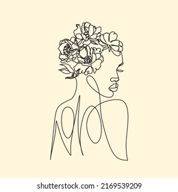 Line Art Woman Face with Flowers Continuous One Line Drawing. Female Art Print Line Drawing. Woman Face Modern Print. Minimalist Female Contour Art Design. Salon Logo. Natural Cosmetics symbol