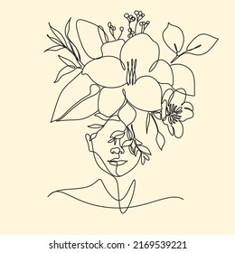 Line Art Woman Face with Flowers Continuous One Line Drawing. Female Art Print Line Drawing. Woman Face Modern Print. Minimalist Female Contour Art Design. Salon Logo. Natural Cosmetics symbol