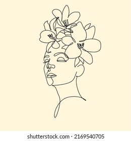 Line Art Woman Face with Flowers Continuous One Line Drawing. Female Art Print Line Drawing. Woman Face Modern Print. Minimalist Female Contour Art Design. Salon Logo. Natural Cosmetics symbol