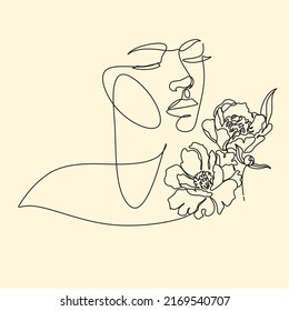 La mujer de la línea de arte se enfrenta con el dibujo continuo de una línea de flores. Dibujo de líneas de impresión de arte femenino. La Mujer Se Enfrenta A La Impresión Moderna. Diseño artístico de contorno femenino minimalista. Logo del Salón. Símbolo de cosmética natural