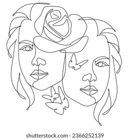 Line Art Woman Face with Flowers Continuous One Line Drawing.